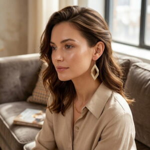 Lifestyle view of woman wearing 3D golden seed bead drop earrings in linen shirt.