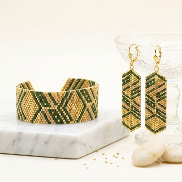 Hand-woven green and gold-toned beaded jewelry set displayed on white marble.