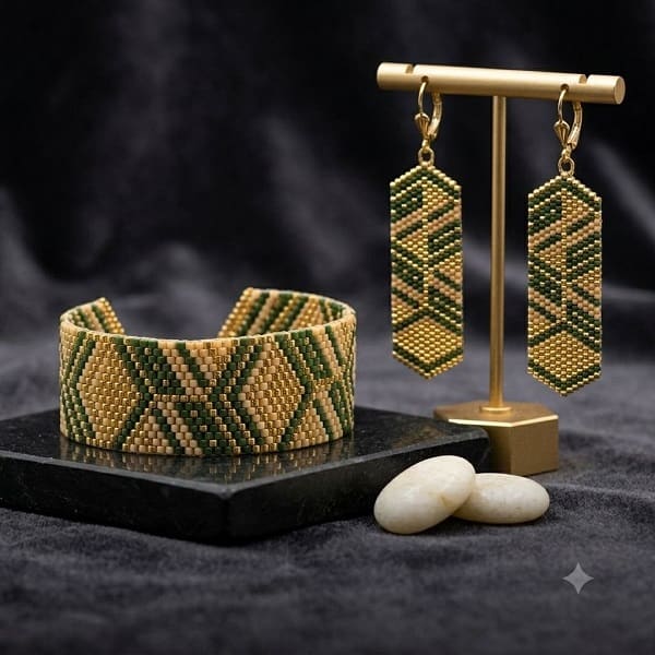 Golden green beaded drop earrings on gold stand and cuff on dark slate tile.