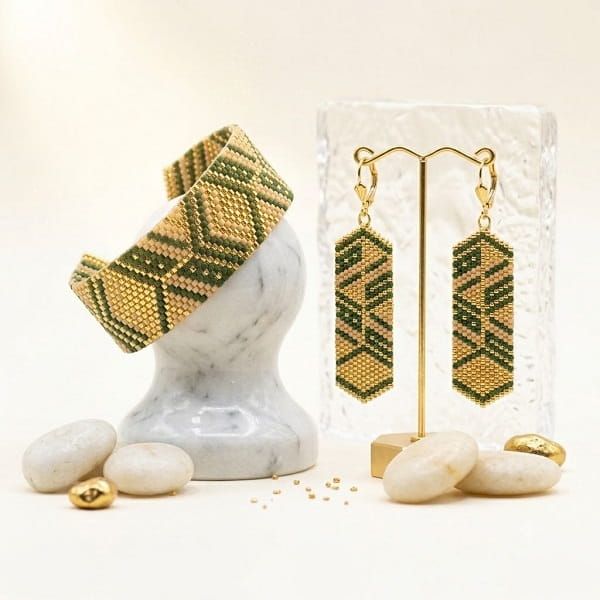 Handmade green and gold-toned beaded cuff bracelet wrapped on marble pedestal with earrings.