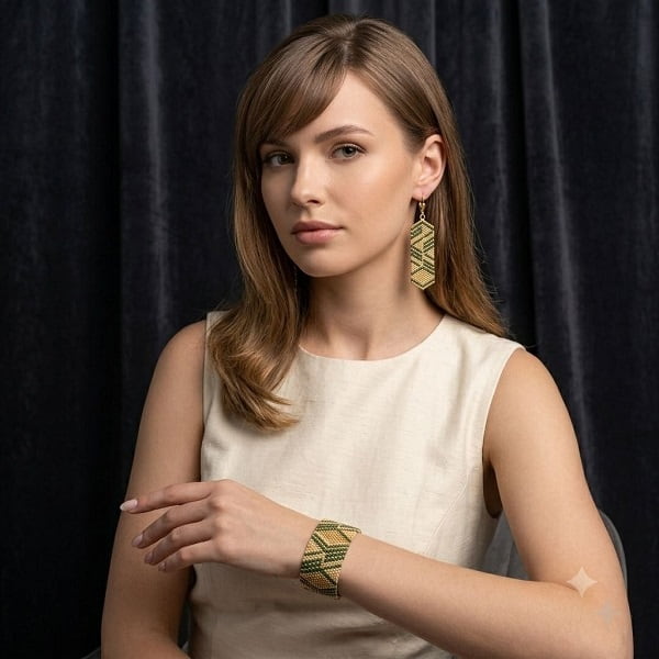 Woman in neutral linen dress wearing handmade green and metallic gold-toned jewelry set.