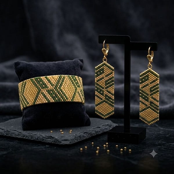 Luxury display of green and gold-toned beaded cuff on black velvet pillow with earrings.