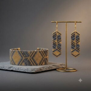 Handcrafted geometric grey and gold-toned beaded cuff bracelet and dangling earrings on slate display.
