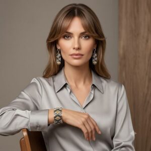 Front view of model wearing gold-toned optical pattern beaded statement jewelry set.