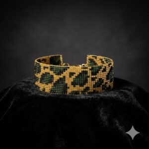 Close-up of a luxury green and gold-toned leopard pattern artisan bracelet resting on black velvet.