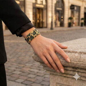 Styled outdoor view of an elegant green leopard beaded statement bracelet worn with a tailored black blazer.