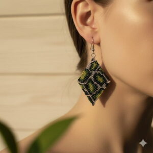 Elegant lifestyle shot of a woman showcasing green pattern rhombus statement earrings in natural light.