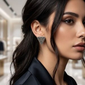 Woman wearing 3D gunmetal triangle beaded stud earrings with elegant dark hair updo.