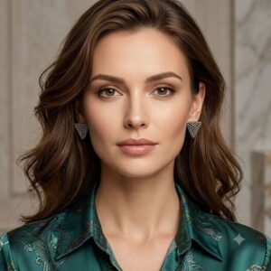 Model in emerald green silk shirt wearing gunmetal geometric pyramid beaded stud earrings.