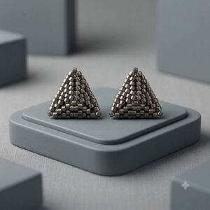 Close-up of gunmetal 3D pyramid beaded stud earrings on soft grey display pedestal.
