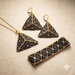 Close-up flat-lay of the black and metallic gold-finish beadwoven jewelry set.