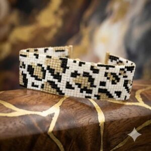 The artisan leopard print beaded cuff displayed elegantly on a luxury wooden block with gold-colored accents.