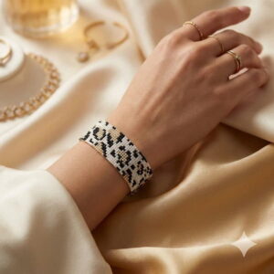 Elegant model wearing the leopard print beaded cuff bracelet on her wrist against a draped cream silk fabric.