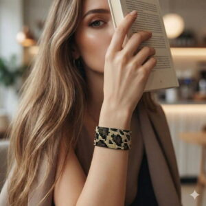 A woman holds a book to her face, highlighting the detailed leopard motif and luxurious gold-and-black palette of the artisan bracelet.