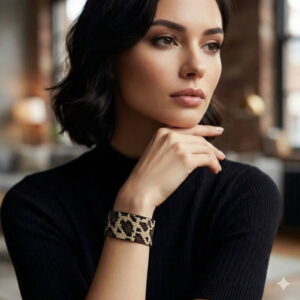 A model in a modern black ribbed turtleneck wearing the hand-woven leopard print cuff bracelet.