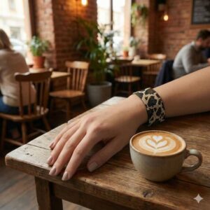 The Leopard Loom Beaded Cuff worn on a wrist resting next to a latte cup on a rustic wooden table inside a cozy café.