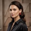 Model wearing 3D red beaded triangle stud earrings with a black silk shirt.