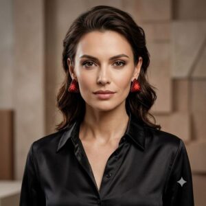 Front view portrait of a woman wearing red 3D geometric beaded triangle earrings.