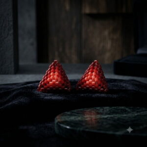 Close-up of red 3D pyramid seed bead earrings on dark velvet background.