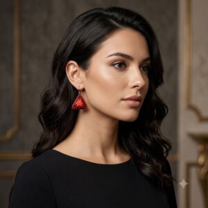 Side profile of model wearing red 3D beaded triangle dangle drop earrings.
