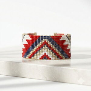 Close-up of a handmade red geometric pattern beaded cuff bracelet on a white marble surface.