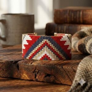 Red and blue geometric hand-woven beaded cuff bracelet on a wooden plate.