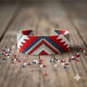 Luxury artisan beaded cuff bracelet featuring a red geometric pattern displayed on a rustic wooden tabletop.