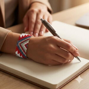 A person wearing a wide geometric red beaded statement bracelet writing in a notebook.