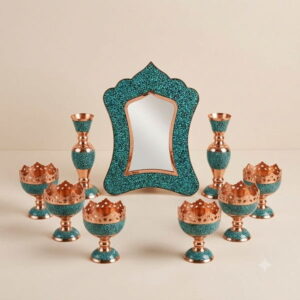 Handcrafted Isfahan Firoozeh Koobi turquoise inlay mirror and bowl set on neutral backdrop.