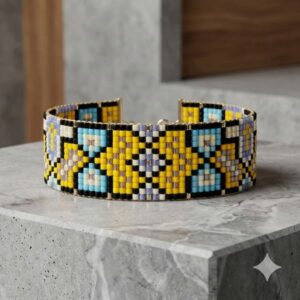 Artisan geometric cuff bracelet featuring a luxurious gold-and-black palette with vibrant blue and yellow beads.