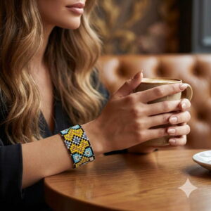 Woman holding a coffee cup while wearing a sophisticated gold-toned mosaic pattern seed bead bracelet.