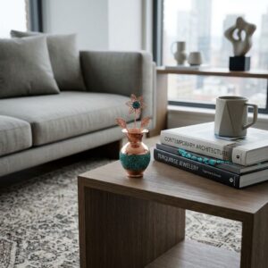 Decorative copper and turquoise mini flower pot sitting on a wooden side table next to coffee table books.