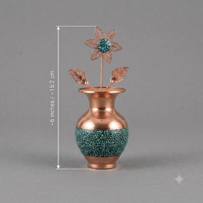 6-inch handcrafted copper flower and turquoise inlay mini vase with height measurements.